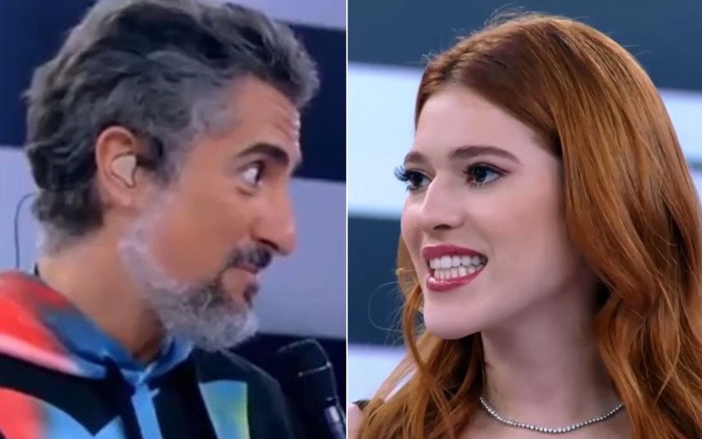 O apresentador Marcos Mion e a ex-BBB Ana Clara Lima; na montagem, eles estão olhando para o mesmo lado, ele com olhos abertos e cara séria e ela sorrindo enquanto olha para o lado