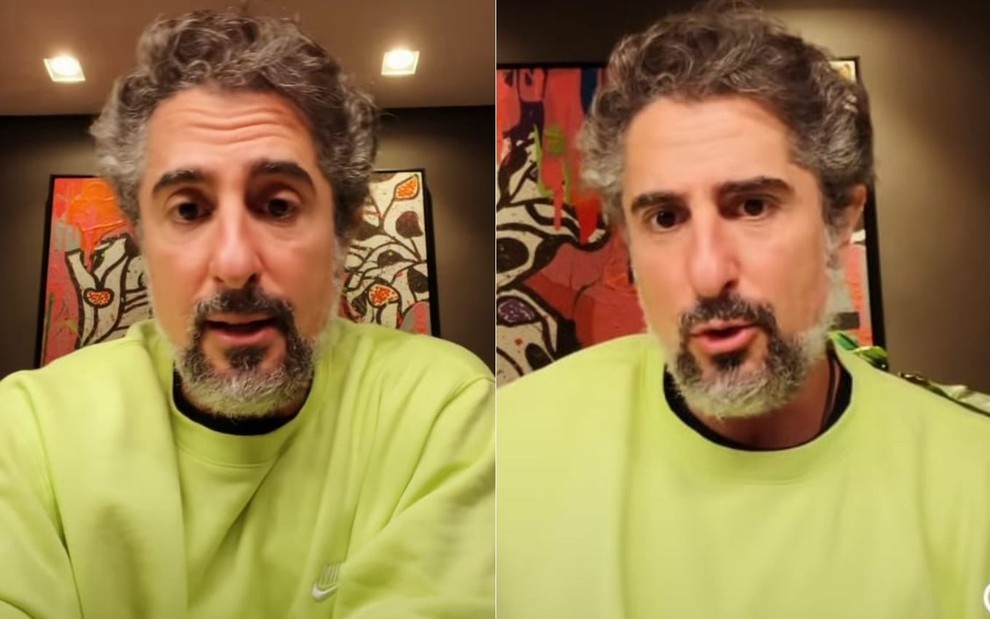 Marcos Mion usa uma blusa de frio verde musgo ao anunciar em vídeo que está com Covid