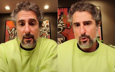 Marcos Mion usa uma blusa de frio verde musgo ao anunciar em vídeo que está com Covid