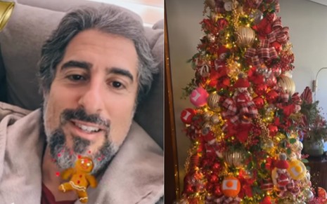Montagem com Marcos Mion e árvore de Natal do apresentador