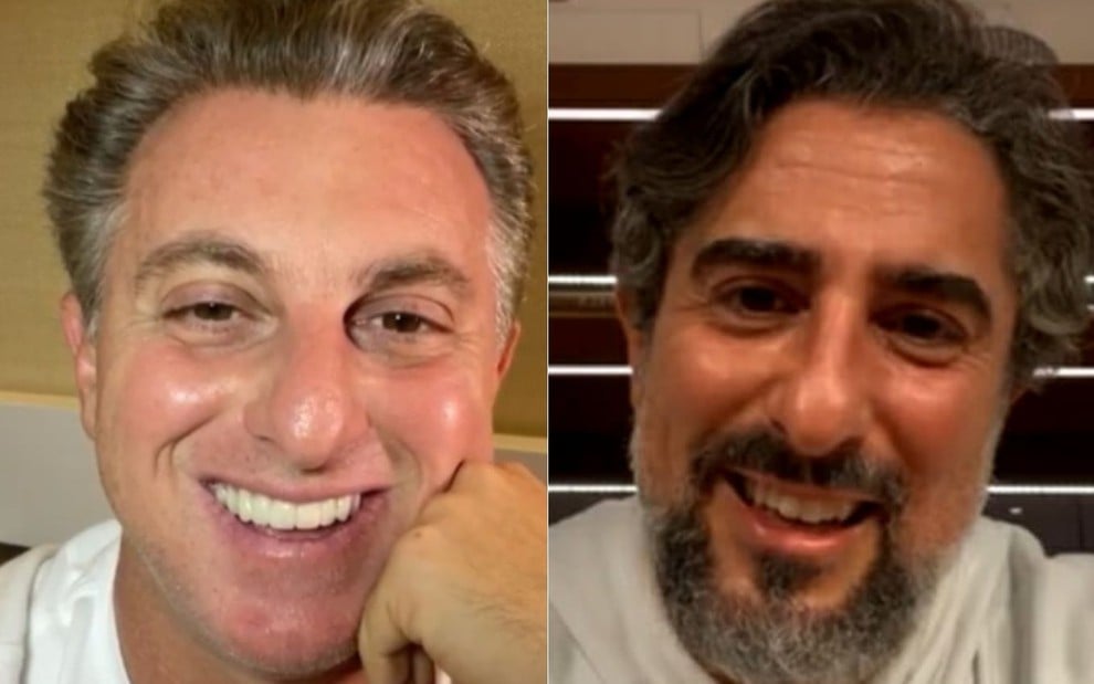Luciano Huck e Marcos Mion sorriem para a câmera durante live no Instagram