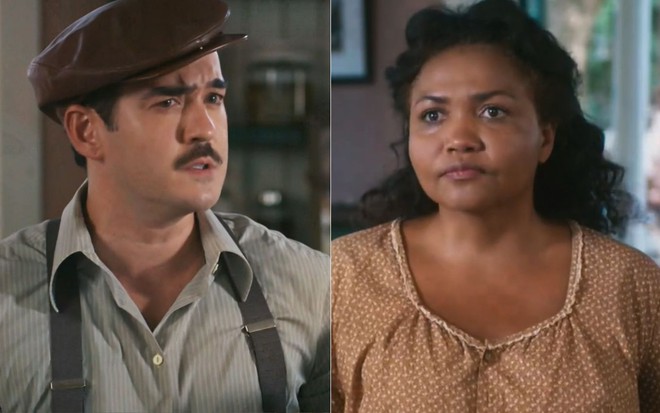 Montagem com Enrico (Marcos Veras) e Emília (Gaby Amarantos) em cenas da novela Além da Ilusão