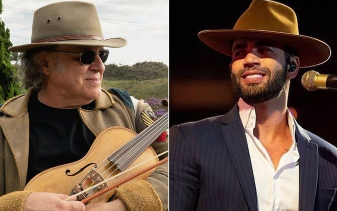 Os cantores Marcus Viana e Gusttavo Lima; na montagem, eles estão olhando para o mesmo lado, de chapéu, enquanto o primeiro segura um violino e posa, sério, para a foto e o segundo está sorrindo de frente a um microfone durante um show