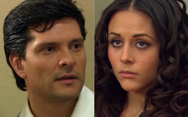 Montagem com Marcelo Córdoba e Zuria Vega como Hernan e Estrela na novela Mar de Amor