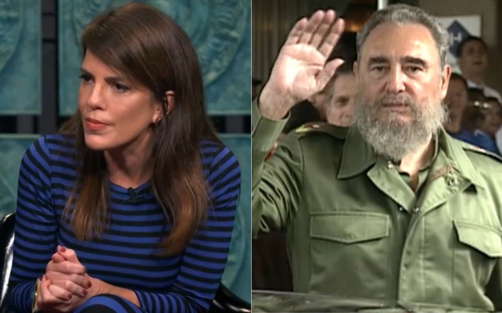 Montagem com Mariana Gross no estúdio do Que História é Essa, Porchat? e Fidel Castro com a mão levantada durante evento