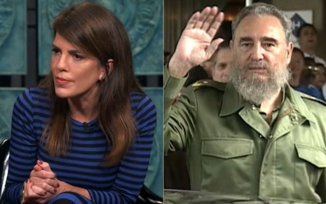 Montagem com Mariana Gross no estúdio do Que História é Essa, Porchat? e Fidel Castro com a mão levantada durante evento