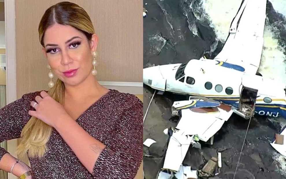 Na montagem: Marília Mendonça (à esquerda), e imagem do avião caído em que a cantora estava (à esquerda)