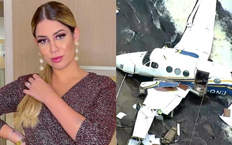 Montagem de fotos com Marília Mendonça e avião destruído