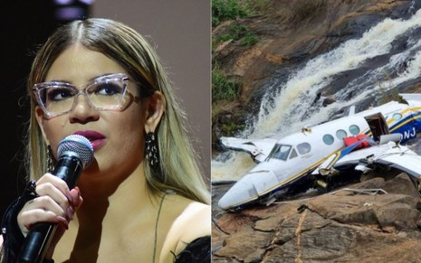 Montagem de fotos com Marília Mendonça e avião após cair em cachoeira