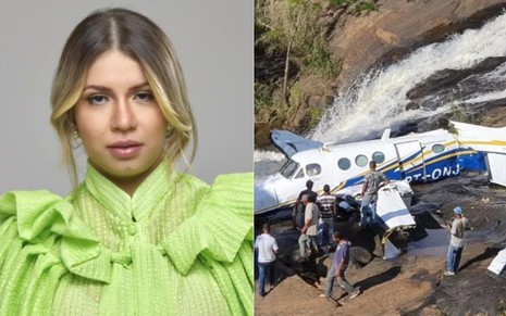 Na montagem: Marília Mendonça canta (à esquerda); imagem de destroços de avião em meio às águas de uma cachoeira (à direita)