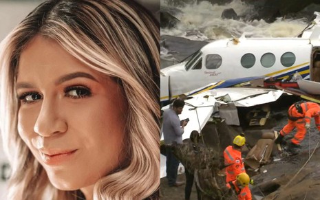 Montagem com foto do rosto de Marília Mendonça (à esquerda) e avião caído em cachoeira, com bombeiros ao redor (à direita)