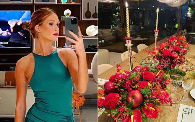 Marina Ruy Barbosa de vestido verde em selfie no espelho; montagem inclui mesa posta natalina