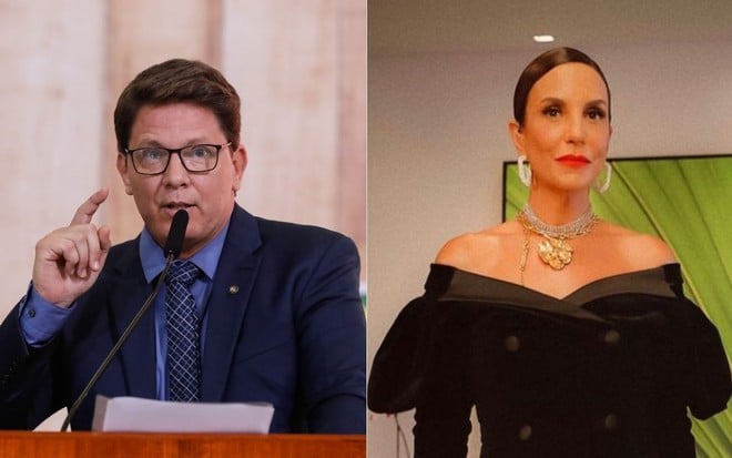 Montagem de Mario Frias em palanque e Ivete Sangalo com roupa de gala