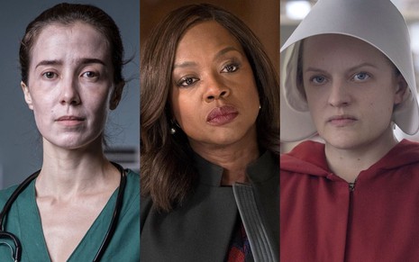 Montagem com Marjorie Estiano em Sob Pressão, Viola Davis em How To Get Away With Murder e Elisabeth Moss em The Handmaid's Tale