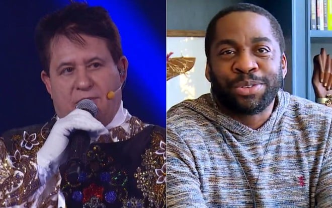 Montagem com Marrone no The Masked Singer e Lázaro Ramos no Se Joga