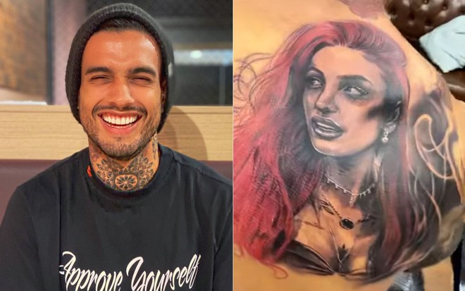 Montagem com imagens de Matheus Sampaio (à esq.) e o rosto de Brenda Paixão tatuado