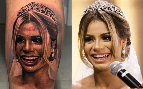 Montagem com a tatuagem com o rosto de Lexa e a foto original da cantora no casamento com MC Guimê