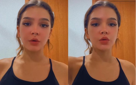 Mel Maia em vídeo do Instagram; ela está em frente a um espelho e olha para a câmera com a expressão abalada