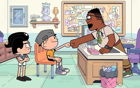 Imagem da animação O Menino Maluquinho, em que dois meninos estão em frente a um professor; o menino maluquinho o cumprimenta com a mão