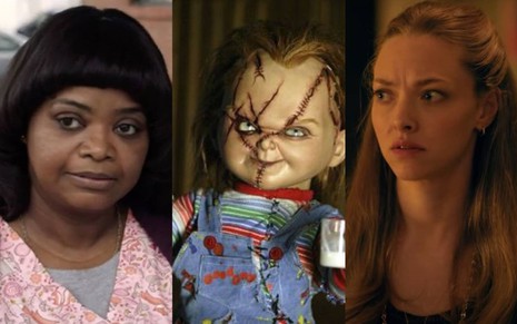 Montagem com Octavia Spencer, o boneco Chucky e Amanda Seyfried em diferentes filmes de terror
