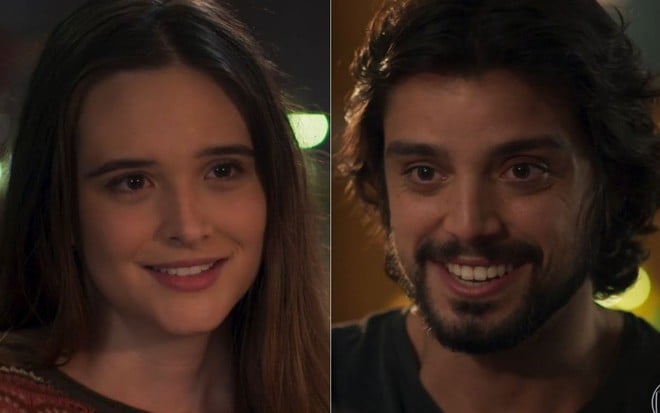 Montagem com a atriz Juliana Paiva e o ator Rodrigo Simas sorridentes em Salve-se Quem Puder, novela da Globo