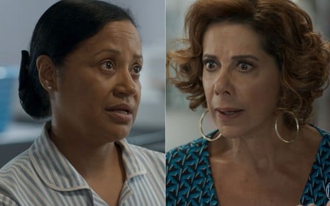 Montagem com as personagens Madalena (Virgínia Rosa) e Lígia (Angela Vieira) em cena da novela Pega Pega