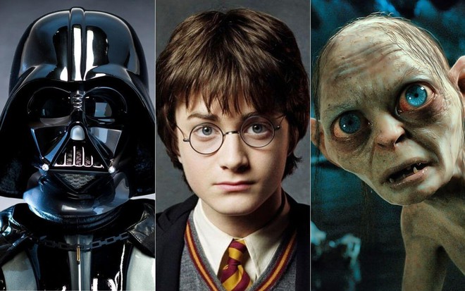 Montagem com os personagens Darth Vader à esquerda, Harry Potter ao meio e Sméagol ao lado direito