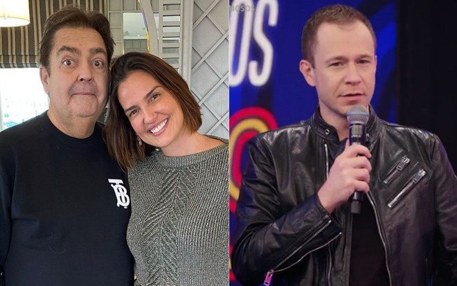 Montagem com Fausto Silva e Luciana Cardoso ao lado de Tiago Leifert