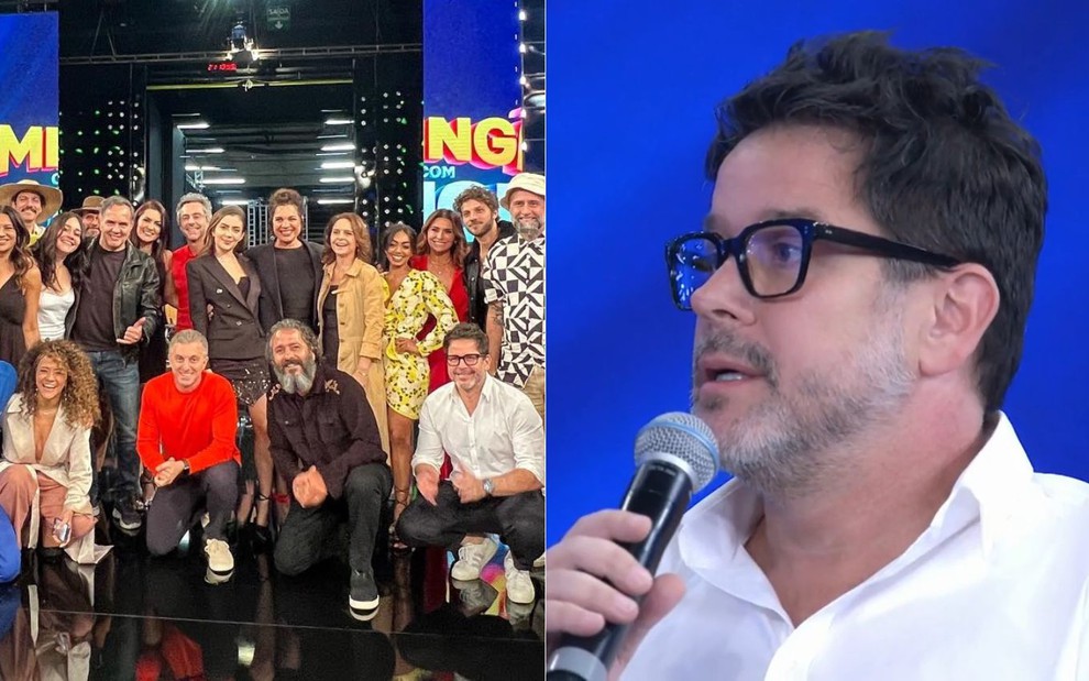 Elenco de Travessia e Pantanal reunido no palco do Domingão com Huck, da Globo, e Murilo Benício falando