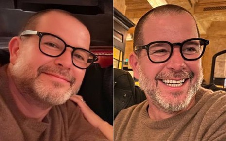 Murílio Benício sorrindo em fotos, usando um óculos, com cabelo raspado e barba branca