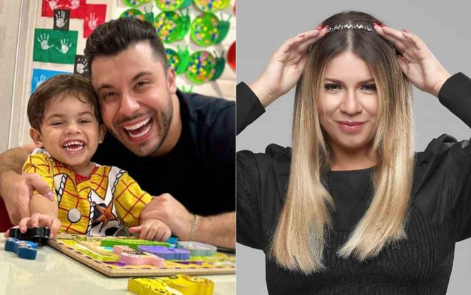 Montagem com foto de Murilo Huff com o filho Léo e foto de Marília Mendonça