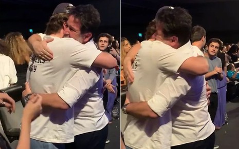 Murilo Benício está abraçando o filho Pietro no lançamento do filme Pérola no Festival do Rio 2022