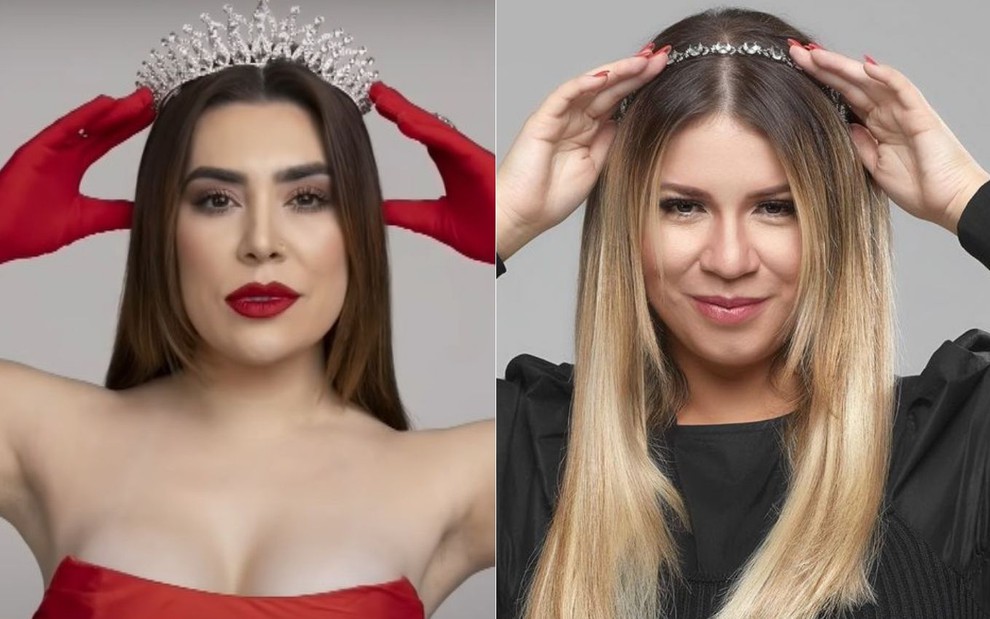 Naiara Azevedo e Marília Mendonça em fotos com as mãos na cabeça segurando tiara