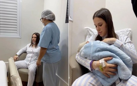 Montagem de fotos de Nara Paraguaia em um quarto de hospital segurando o filho, Gael