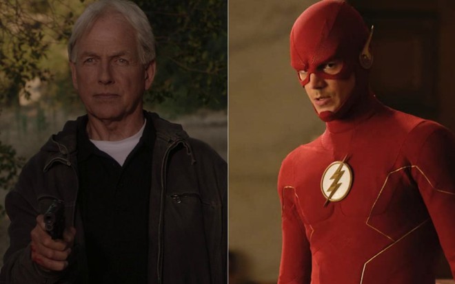 Montagem com Mark Harmon em cena de NCIS e Grant Gustin em cena de The Flash