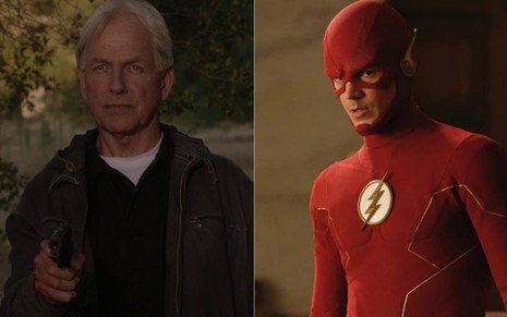 Montagem com Mark Harmon em cena de NCIS e Grant Gustin em cena de The Flash