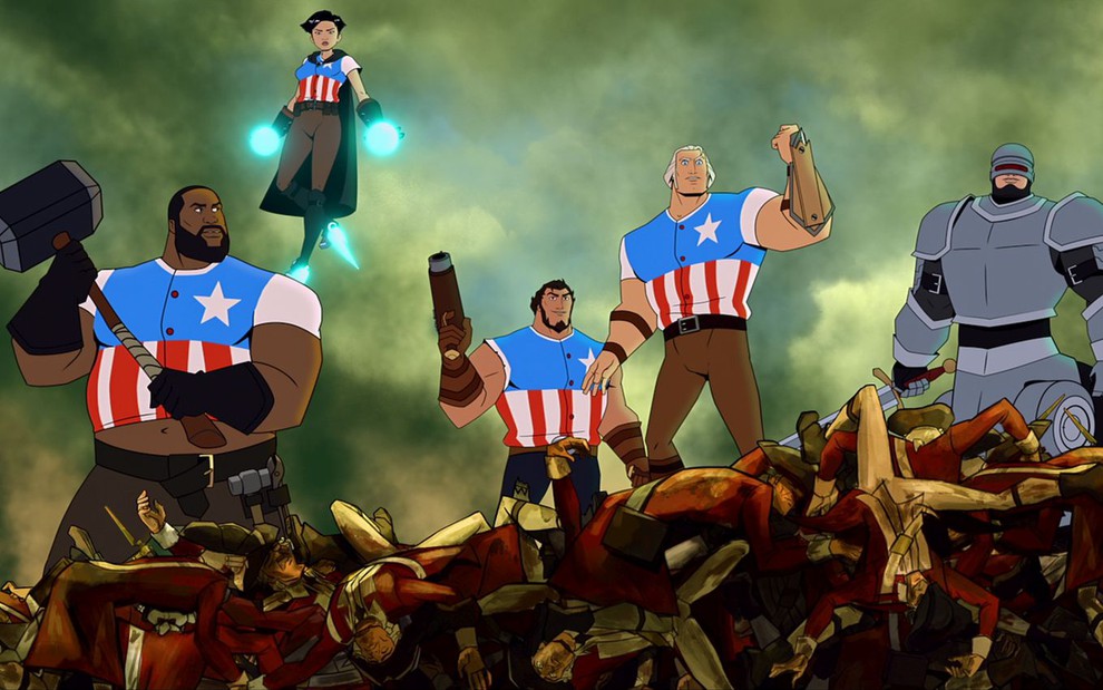 Personagens da animação America: The Motion Picture posam diante de inimigos mortos