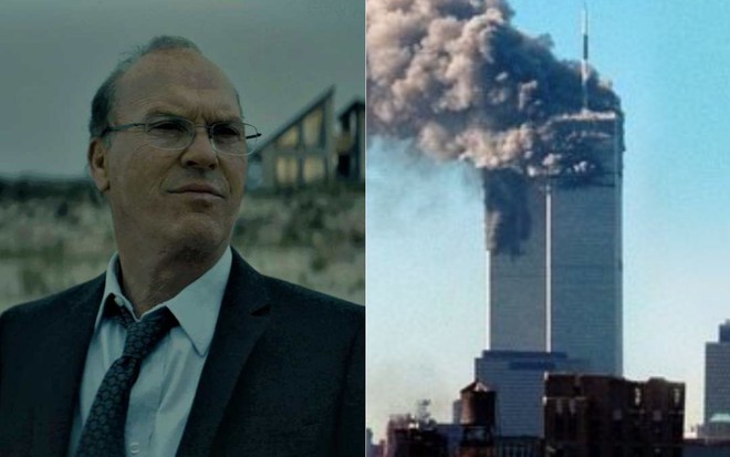Montagem de fotos com o ator Michael Keaton no filme Quanto Vale?, da Netflix (à esq.) e imagem das Torres Gêmeas que foram atingidas por aviões no ataque terrorista de 11 de Setembro no filme documental 11/09 - A Vida Sob Ataque, disponível no Globoplay