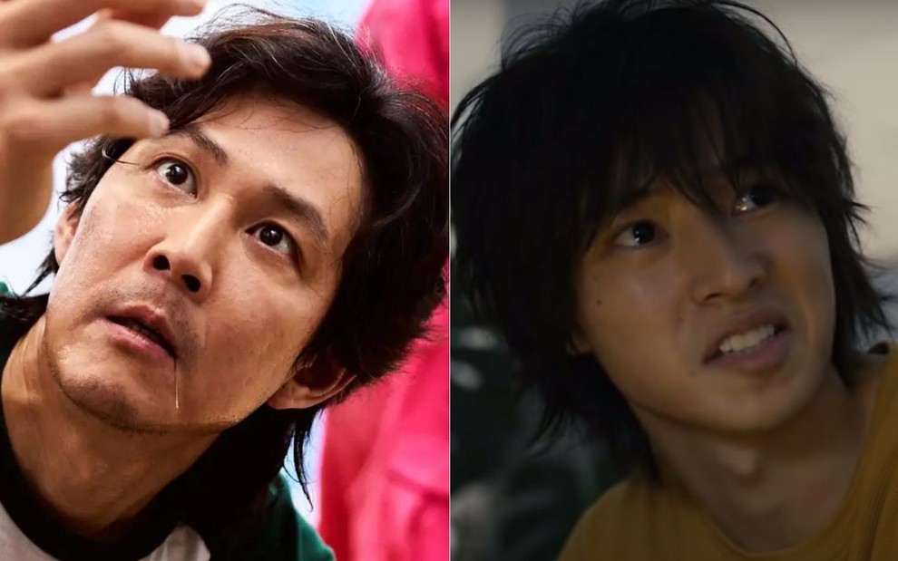 Montagem de fotos com os personagens Gi-hun (Lee Jung-jae, à esquerda) e Arisu (Kento Yamazaki) em Alice in Borderland