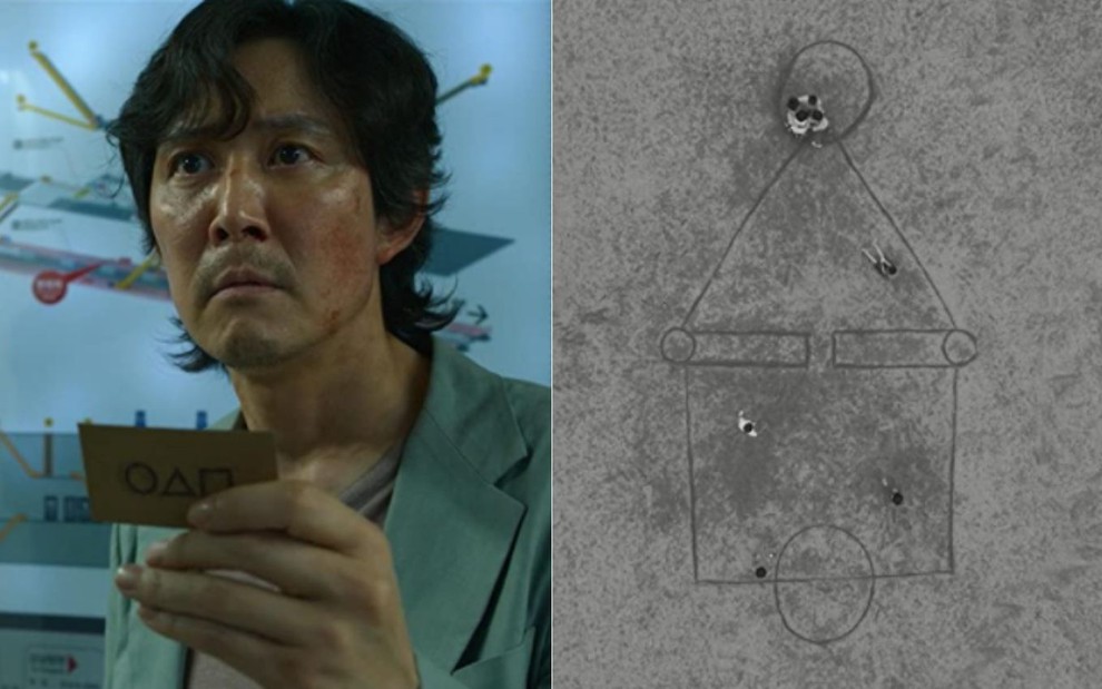 Montagem de fotos com o ator Lee Jung-jae (à esq.) e a cena da série Round 6, da Netflix, que mostra o desenho do Jogo da Lula feito em um campo de areia (à direita)