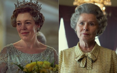 Montagem com fotos de Olivia Colman e Imelda Staunton como a rainha Elizabeth 2ª em The Crown