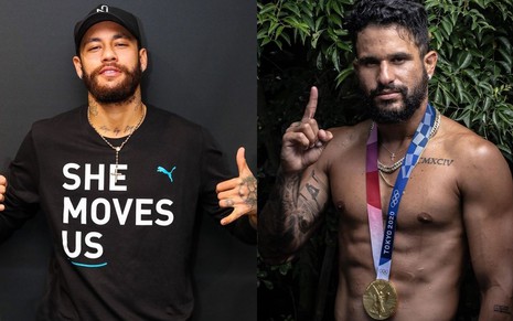 Montagem com as fotos de Neymar e Italo Ferreira, que está sem camisa e com a medalha de ouro no peito