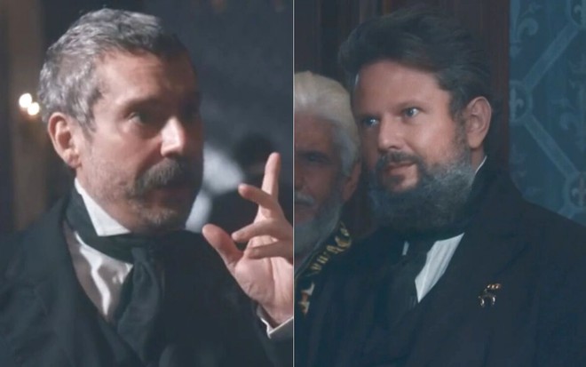 Montagem de fotos com Tonico (Alexandre Nero) e Dom Pedro 2º (Selton Mello) em cena de Nos Tempos do Imperador