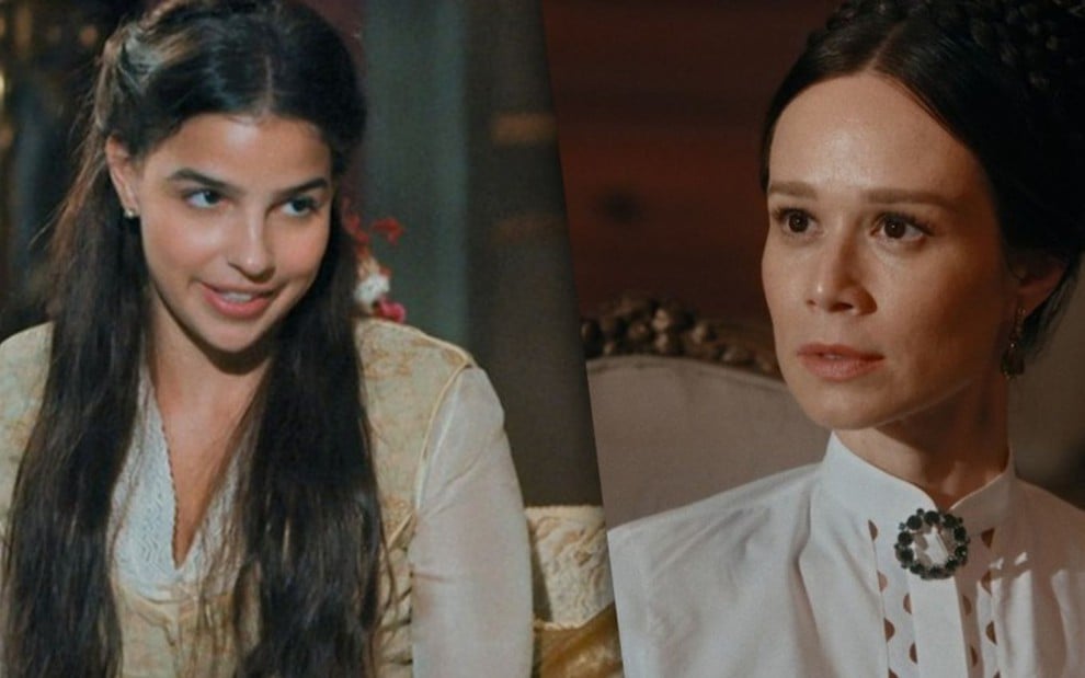 Pilar (Gabriela Medvedovski) está sentada em poltrona em frente à Luísa (Mariana Ximenes) em cena de Nos Tempos do Imperador