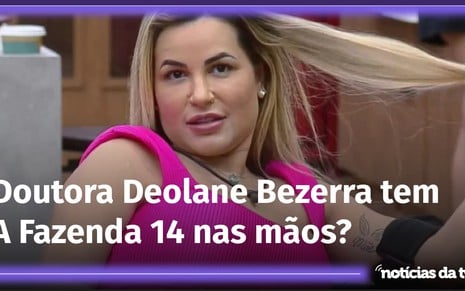 Deolane Bezerra de blusa sem manga cor de rosa segura uma mecha de cabelo