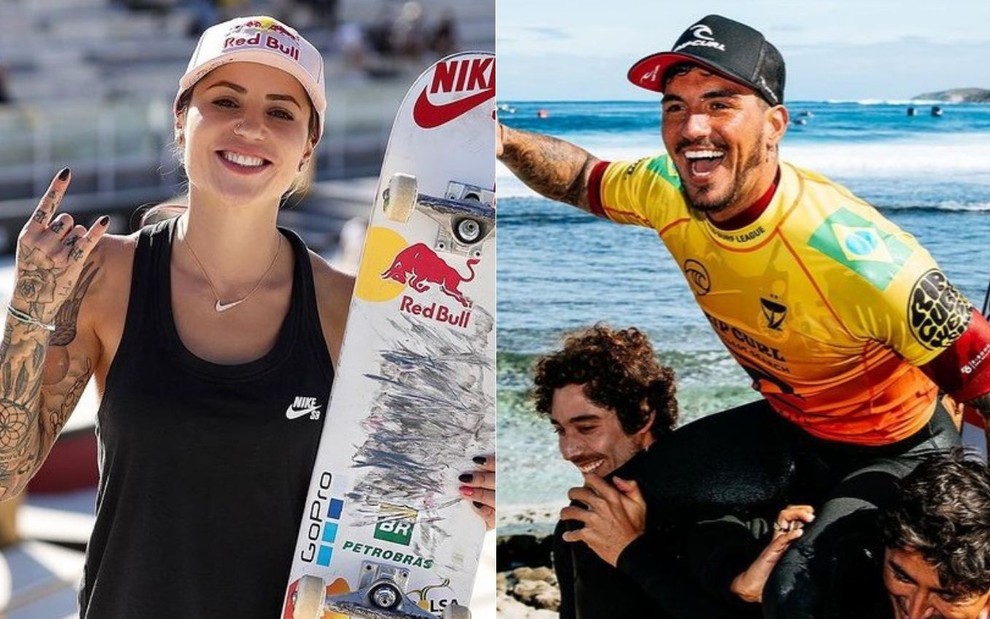 Montagem de fotos com Letícia Bufoni segurando skate e Gabriel Medina vibrando com vitória no surfe