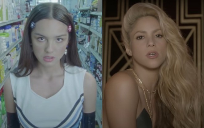 Montagem com imagens de Olivia Rodrigo no clipe de Good 4 You (à esq.) e Shakira no clipe de Chantaje