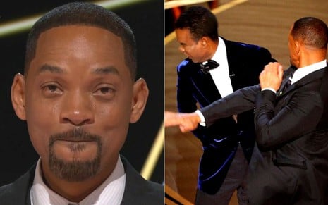 Montagem com Will Smith durante discurso no Oscar 2022 e agredindo Chris Rock com um tapa