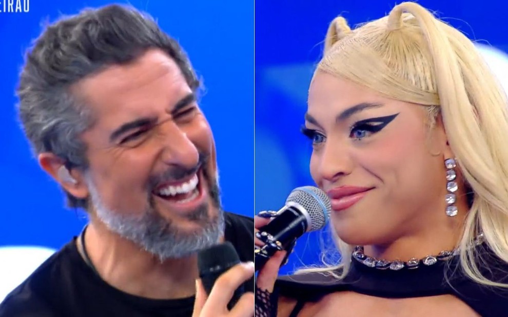 Montagem do apresentador Marcos Mion dando risada e da cantora Pabllo Vittar no Caldeirão