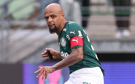 Jogador Felipe Melo, do Palmeiras, vestindo uniforme verde e branco durante partida do Campeonato Brasileiro
